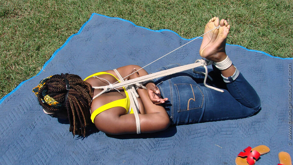 Dyanara-BGBv11 - Blindfolded, Ball-gagged, Hogtied and Toe-tied, Outdoors Barefoot in Jeans