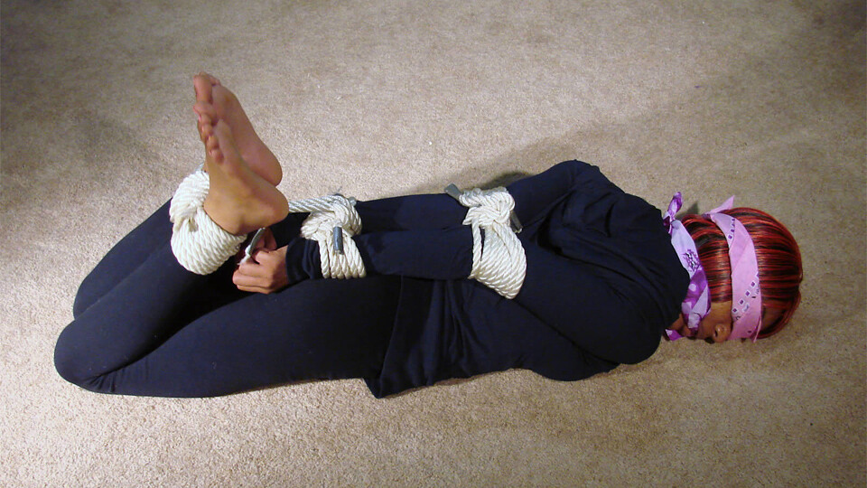 Nashanti-BGBv01 - Gagged & Blindfolded with Bandana, Elbow-tied & Hogtied, Barefoot