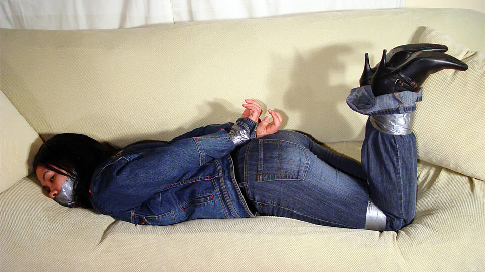 Rachelle-BGBv09 - Gagged & Bound with Duct Tape in Denim & Boots
