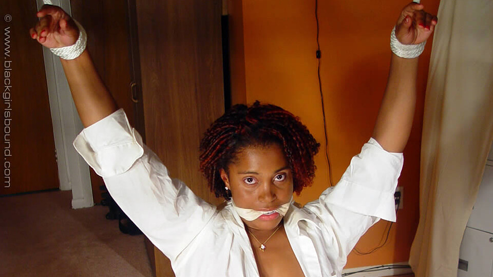Red Diamond-BGBv02 - Barefoot, Cleave-Gagged & Exposed with Arms Tied Overhead