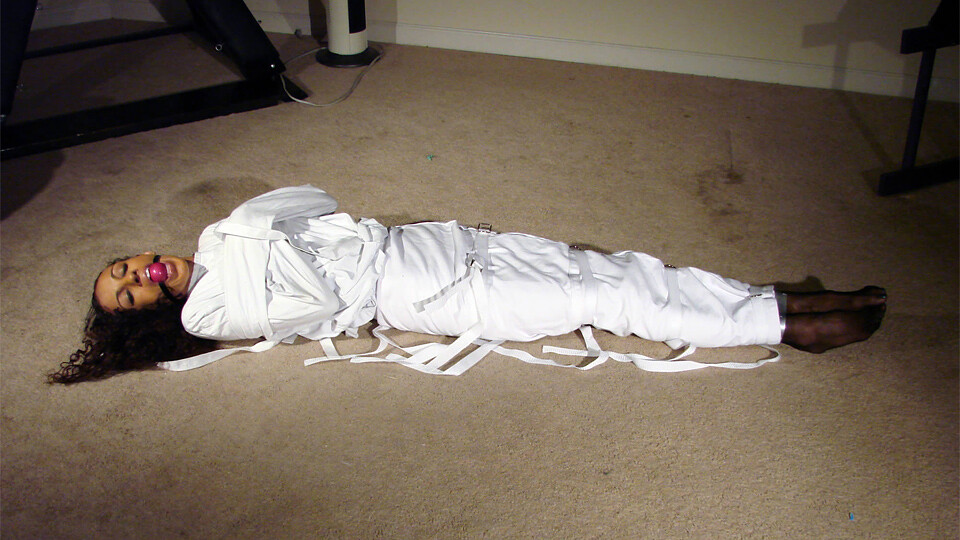 LaDawn-BGBv11 - Ball-gagged in Straitjacket, Leg Binder and Stockinged Feet