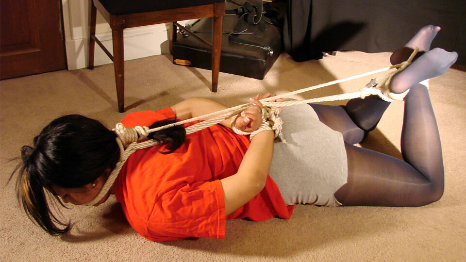 Raine-BGBv14 - Rope-gagged, Hogtied & Hair-tied in Shorts and Stockings