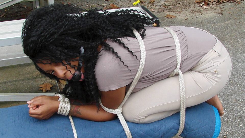 Scarlet-BGBv67 - Ball-Gagged and Tied Outside to a Bench and Tickled on Bare Soles