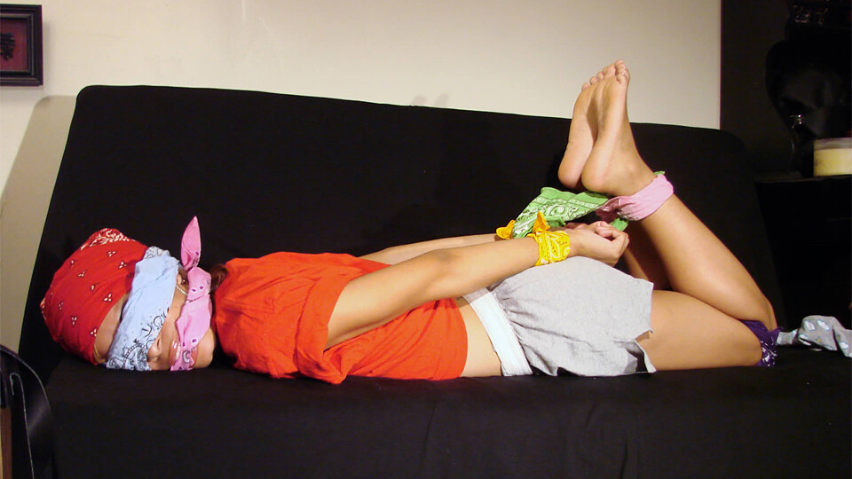 Taysia-BGBv03 - Barefoot & Hogtied, Blindfolded & Gagged with Bandanas