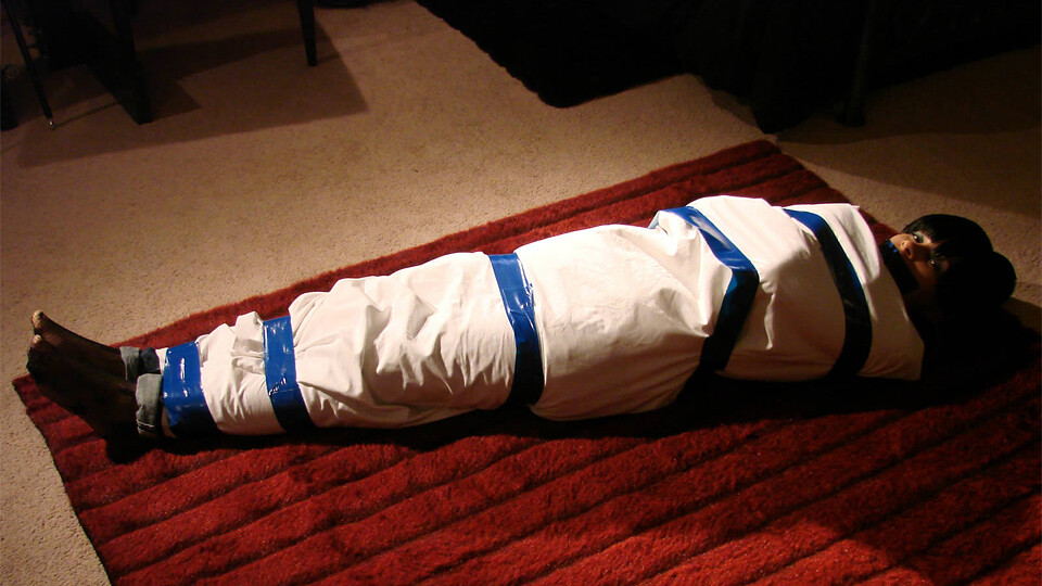Taysia-BGBv22 - Tape-gagged and Wrapped in a Sheet in Jeans and Fishnets