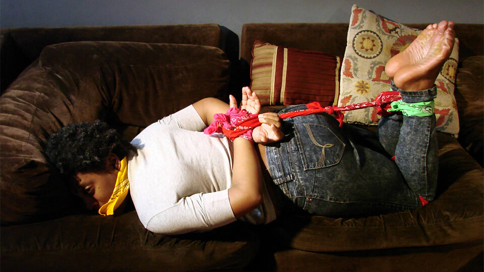 Bunny-BGBv20 - Hogtied & Gagged with Bandanas, Barefoot in Blue Jeans