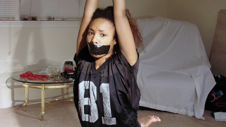 Aether-BGBv49 - Frogtied Barefoot, Arms Tied Overhead and Tape Gagged